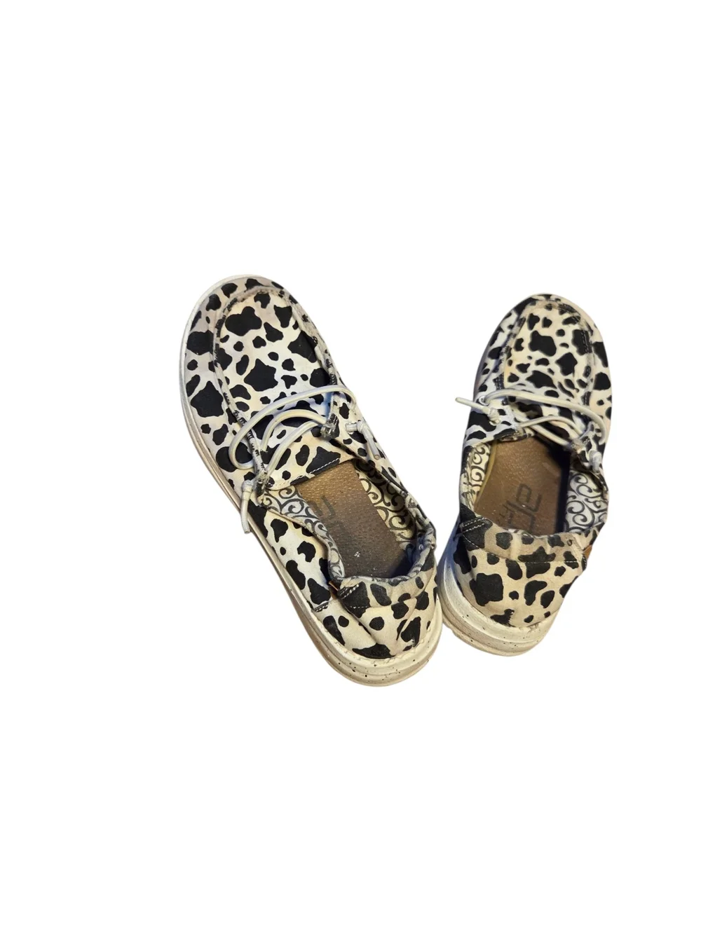 Hey Dude Women's Slip-On Loafers in Black & White Cow Print